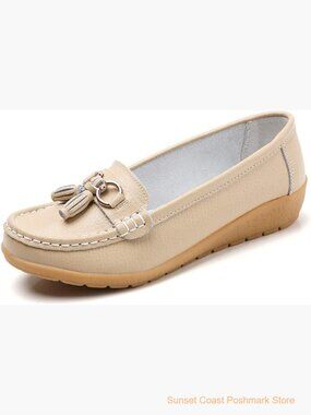 Leather Loafers Slip On Walking Flats Rubber Sole Moccasin